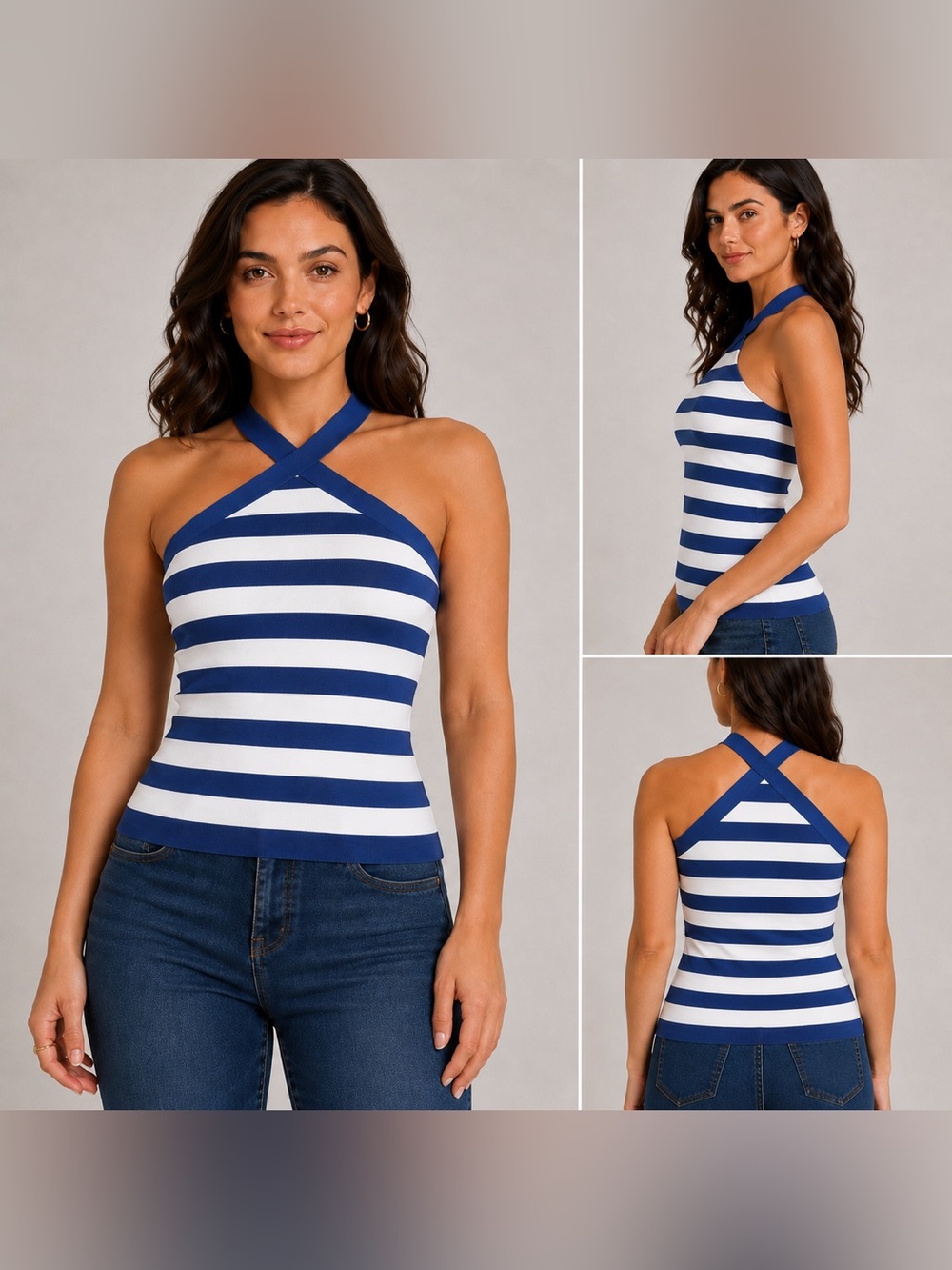 Sincerely Jules Blue White Striped Crisscross Halter Crop Top Size L NWT